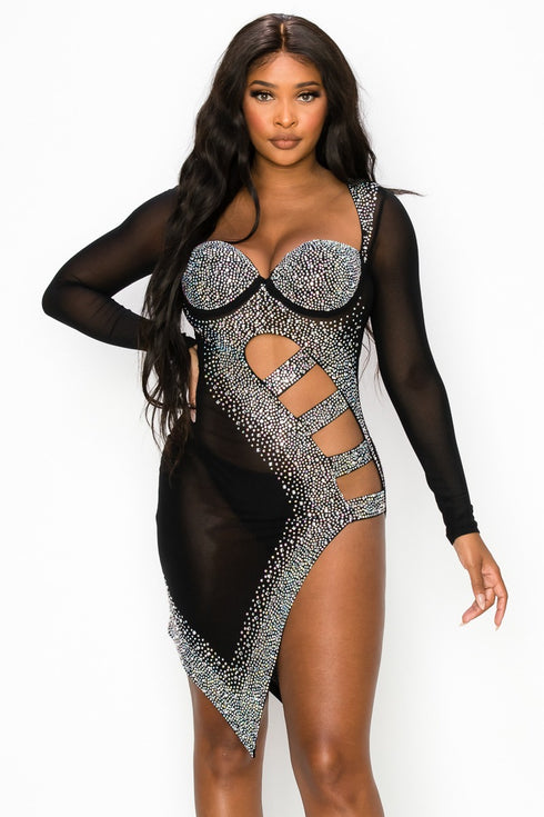 Long Sleeve Rhinestone Mesh Mini Dress W/ Side Slit & Openings- Black - SohoGirl.com